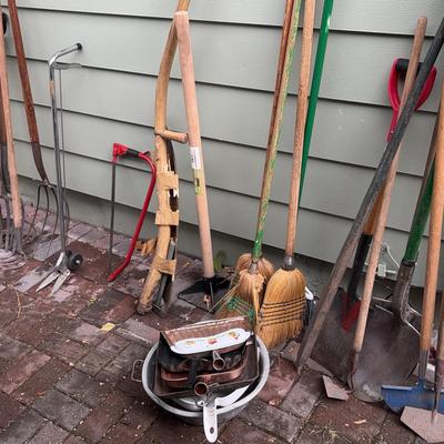 Large Lot Of Yard Maintance Tools- Rakes, Shovels, Brooms, Mobile Trimmer And Old Scythe