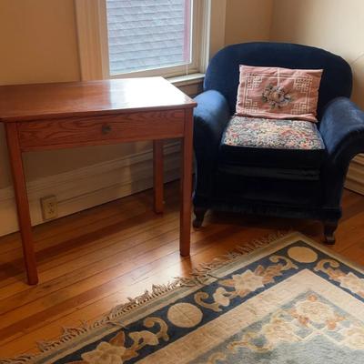 Navy Armchair & Solid Wood Side Table With Drawer 