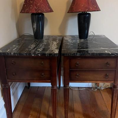 Pair Of Marble Top Nightstands/End Tables & 2 Marble Base Lamps