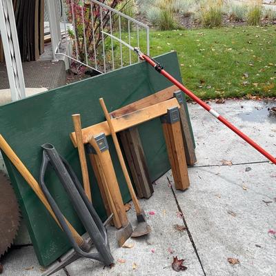 Folding Shop Table, Tree Limb Trimmer, Hand Tools, Saw Horses & Post Pounder