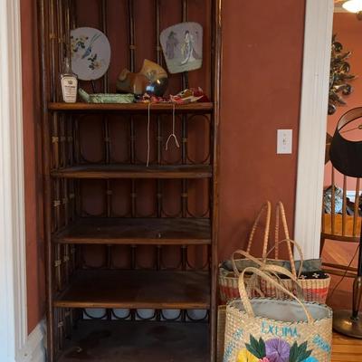 Vintage Bookshelf & Assortment Of Eastern Decor & Wicker Bags