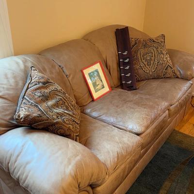 Leather Sofa, Vintage Sailboat Picture & Hanging Coat Rack