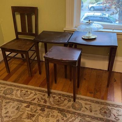 3 Piece Nesting Tables With Chair & Light Fixture
