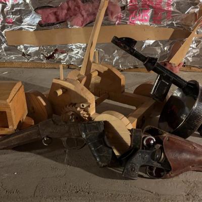 2 Toy Pistols, Tommy Gun, Wooden Catapult & Train
