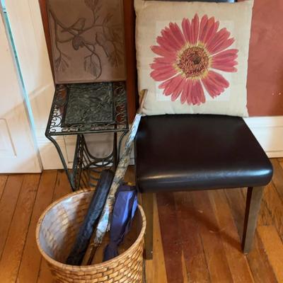 Chair, Vintage Magazine Holder, Wooden CD Holder & Umbrellas