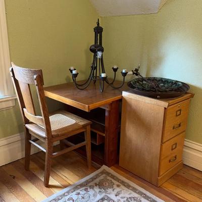 Desk, Chair, Filing Cabinet, & Light Fixtures