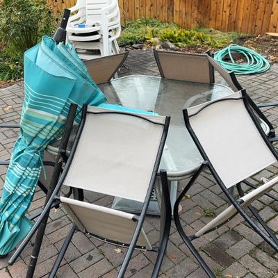 6 Patio Chairs, Table, Umbrella & Stand