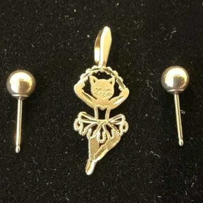 14k Gold Cat Pendant & Ball Stud Earrings (1 Gram Total)