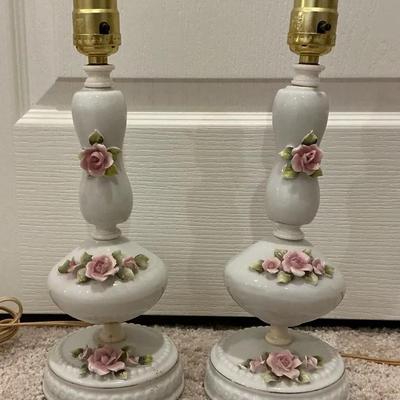 Vintage Floral Porcelain Table Lamps Set of 2 13.5"h