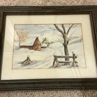 R. Ethil Knechell Snowy Scene Watercolor Painting 14.5" x 11.5"