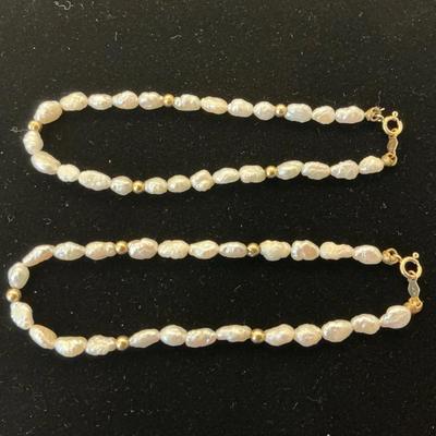 Two 14k Gold Ball Freshwater Pearl Bracelets 