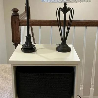 White Shelf Table w/ Baskets & 2 Waverly Lamps