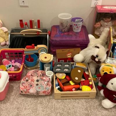 Assorted Toys incl. Wood Grill & Food, Stuffies, Early Reader Books, Coloring, & More