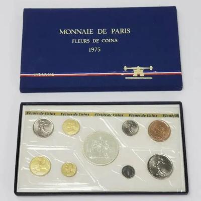 France 1975 Monnaie de Paris Mint Set (9) w/ 50F Silver Hercules Coin & Info Card in Box