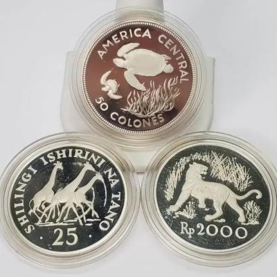1974 Sterling Silver Coins – Indonesia Rp 2000, Costa Rica 50 Colones & Tanzania 25 Shilingi, Mint