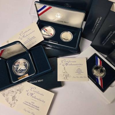 90% Silver Dollars (2) - 1995 Civil War Battlefield Proof Coins, Plus Clad Half Dollars (2)