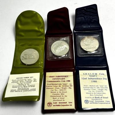.900 Silver Israel Proof Coins – Zeev Jabotinsky, Pidyon Haben & Shalom, Mint 1977 & 1980