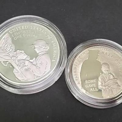 99.9% Silver Dollar Proof Coin: 2022 Purple Heart Hall Of Honor, Plus Clad Half Dollar