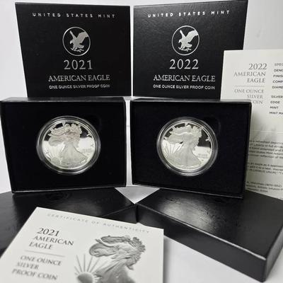 2021 S & 2022 W American Eagle 99.9% Silver Proof Coins