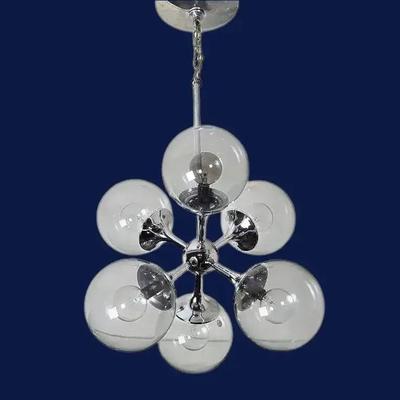 1970s Chrome & Glass Sphere 6 Arm Pendant Light Fixture