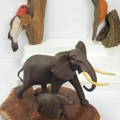 John Perry Elephant Figurine 9” & Carved Bird Figurines 