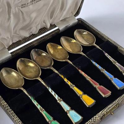 Sterling Silver Walker & Hall Sheffield London Enamel Spoon Set in Original Box