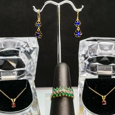 10K Gold Colored Stone Ring, Earrings, Necklaces