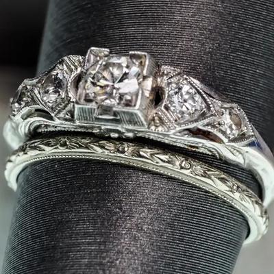 Vintage Platinum Art Deco Diamond Engagement Ring & 10K White Gold Engrved  Band