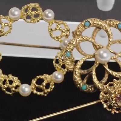 14K Gold Vintage Pearl Brooches & Ruby Accented Stick Pin