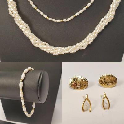 14K Gold Earrings & 14K Beaded & Clasped Cultured Freshwater Pearls