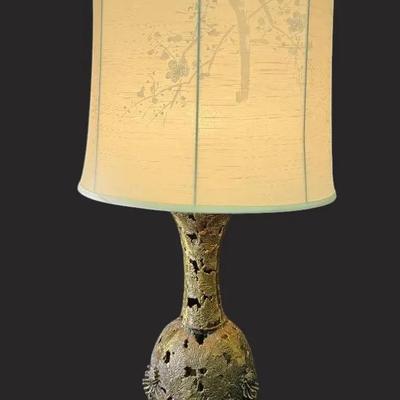 Vintage Large Openwork Brass Chrysanthemum Table Lamp With Textured Silk Screened Lampshade-  2 Of 2