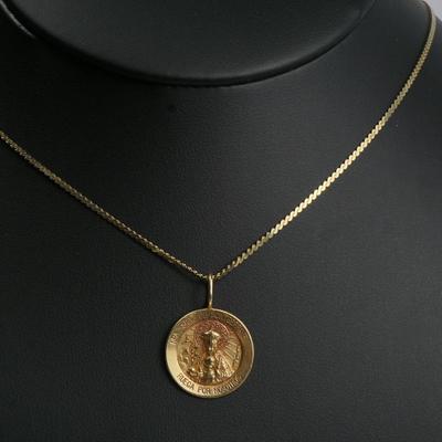 14K Gold Virgin Of Monserrat Medal Pendant On a 14K Herringbone Chain Necklace