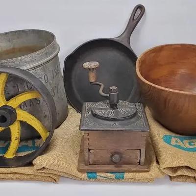 Vintage White House Ice Cream Pail, Coffee Grinder, Cast Iron Wheel & Skillet, Agway Burlap Bags