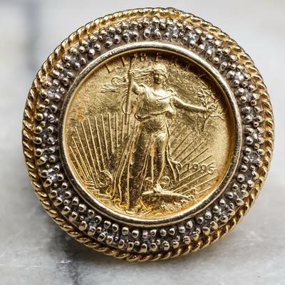 14K Gold 1/10 Oz Gold Eagle Coin Ring with Diamond Accents- Size 6.25