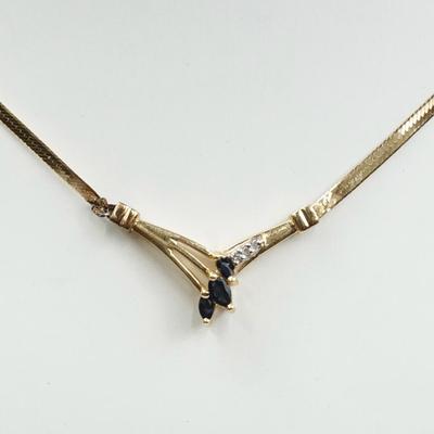 14K Gold Sapphire &  Diamond Necklace, 2.2mm Herringbone Chain -17" - Damaged