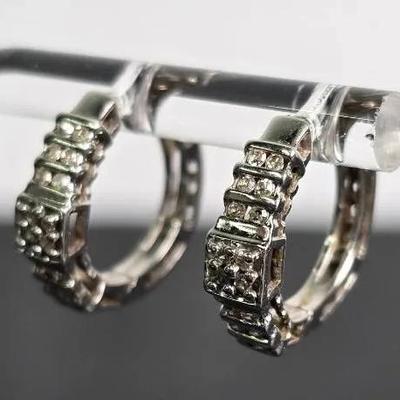 10K White Gold Diamond Accented Hoop Earrings, Hinged - 5/8" Dia 