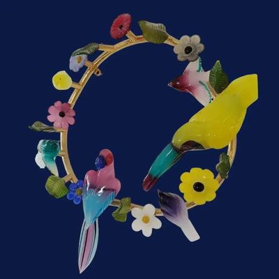 Murano Style Art Glass Bird & Floral Sculpture - 27”x8”