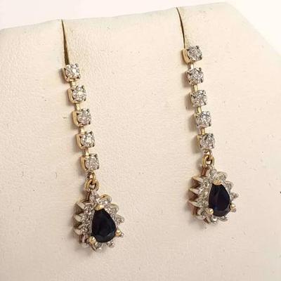 10K Gold Sapphire & Diamond Dangle Earrings- 1" Long 
