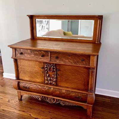 006-LR: Antique Tiger Oak Sideboard with Mirror