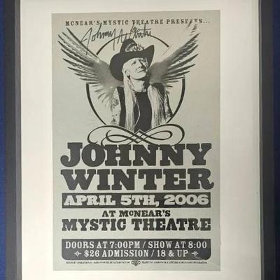 Signed original concert poster for Johnny Winter's performance at McNear's Mystic Theatre on April 5