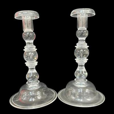 Steuben Crystal “Teardrop” Candlesticks – 10.5” Tall Mid-Century Modern Art Glass