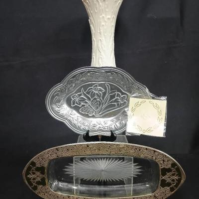 Lenox & Silver-Overlay Glassware Trio – Porcelain Vase, Butterfly Meadow Tray & Etched Silver Dish