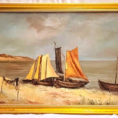 Sailing Vessels on the Shore, Vintage Oil Painting 