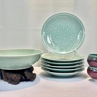 Chinese Celadon and Stoneware Collection — Longquan-Style Bowl, Plates & More