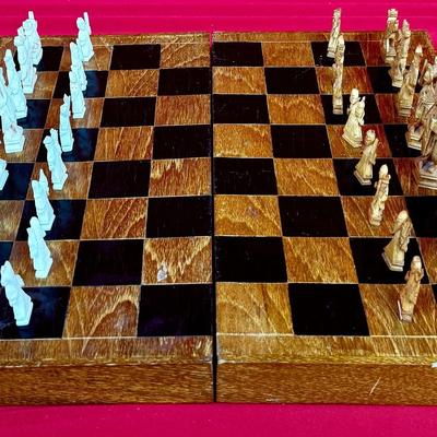 Oriental Wooden & Bone Like Hand Carved Chess Figures + Foldable Board Case