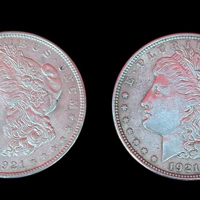 Pair of 1921 Morgan Silver Dollars – 90% Silver U.S. Coins, Liberty Head Design
