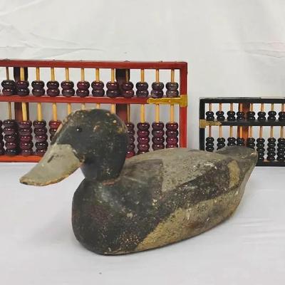 2 Vintage Abacus And A Vintage Wooden Duck Decoy 