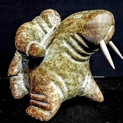 Inuit Carved Stone Sculpture – Hunter and Walrus with Bone Details