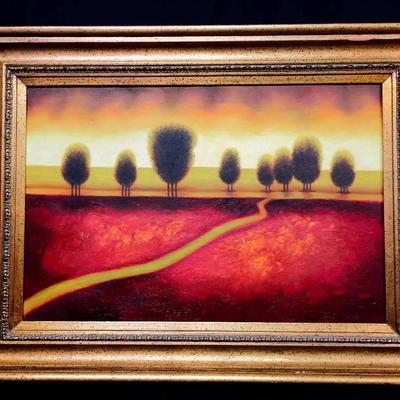 Abstract Landscape Oil Painting on Canvas – Warm Horizon with Trees