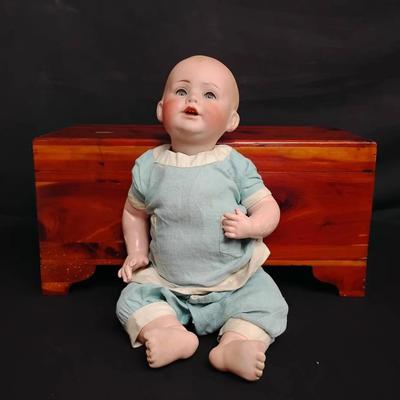 German Bisque Baby Doll And Cedar Chest 